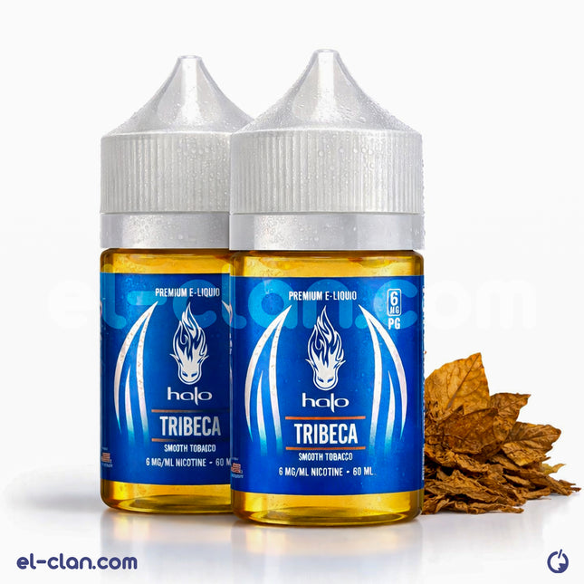 Two vape liquid bottles of Halo Tribeca e-juice, imported in a clear plastic packaging, with colorful label details.