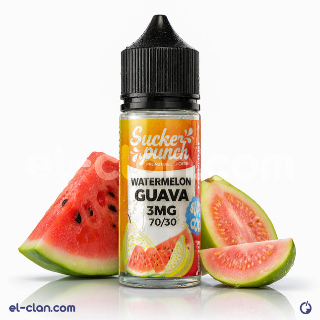 Sucker Punch E-Juice watermelon guava flavored in a local vape liquid, with two bottles and colorful packaging visible.