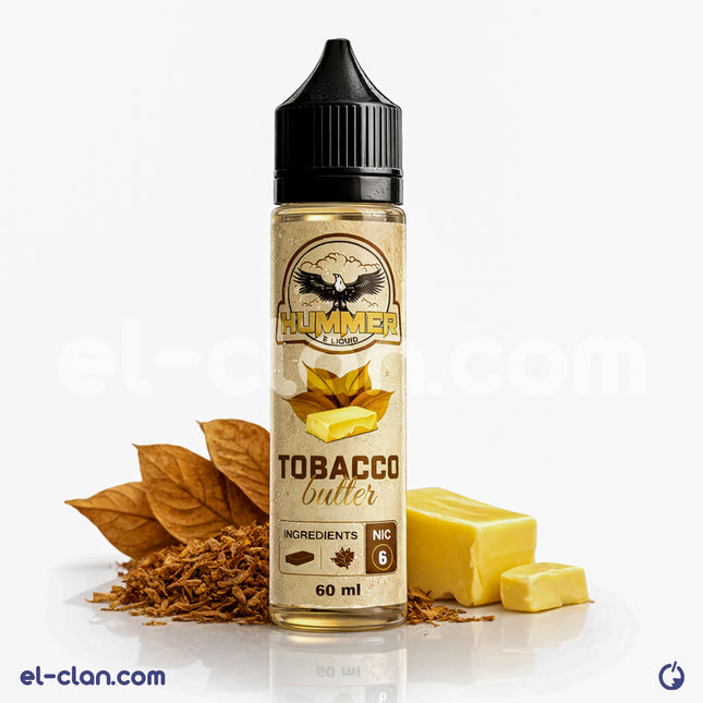 Hummer Tobacco Butter vape juice in a clear bottle with a colorful label, designed for in-vape use and flavored with tobacco and butter.