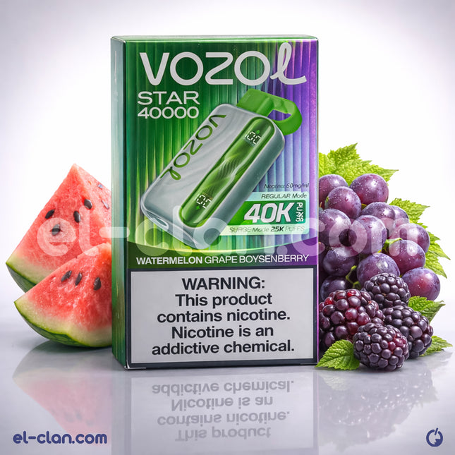 جهاز فيب Vozol Star 40K بنكهة البطيخ والعنب والتوت، ديبوسبل للاستخدام السريع والتجربة الفريدة