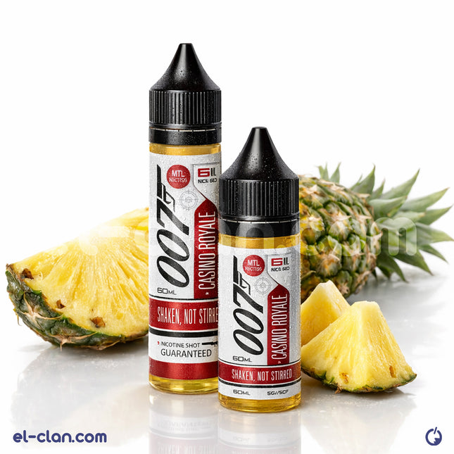 OO7 E-Juice 007 Casino Royal flavored vape liquid in a clear bottle, labeled in Arabic and English with vibrant branding.