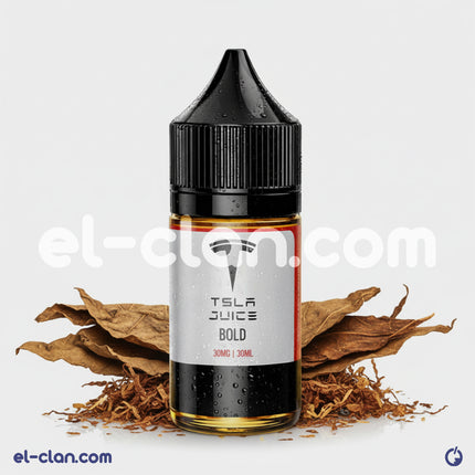 Tsla Juice SaltNic Bold Tobacco flavored e-liquid in a vape bottle, featuring tobacco blend for vaporizer use.