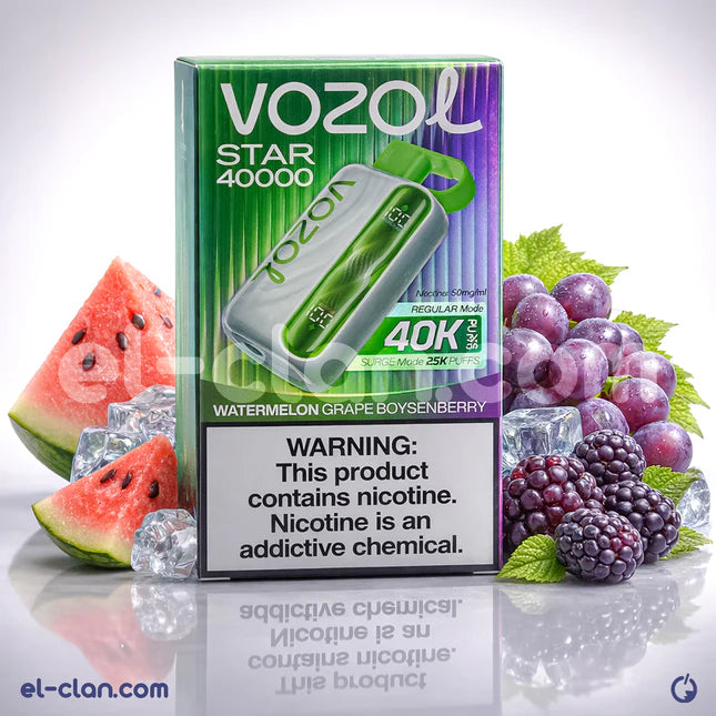 جهاز فيب Vozol Star 40K بنكهة البطيخ والعنب والتوت، عبوة ديسبوسبل أنيقة مع تصميم واضح وألوان زاهية