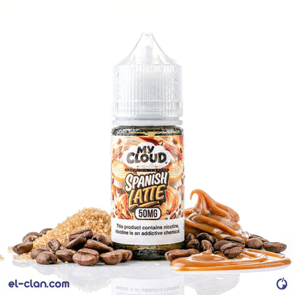 سائل ليكويد فيب نيكوتين ملح من ماي كلاود سبانش لاتيه بطعم لاتيه إسباني، عبوة واضحة مع عبوة زجاجية.