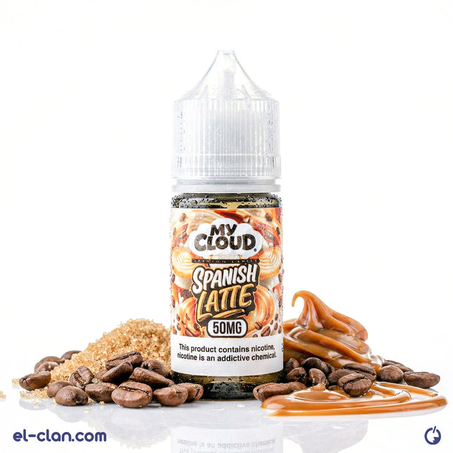 سائل ليكويد فيب نيكوتين ملح من ماي كلاود سبانش لاتيه بطعم لاتيه إسباني، عبوة واضحة مع عبوة زجاجية.