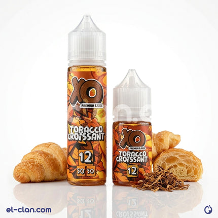 سجائر إلكترونية بنكهة توباكو كرواسون من XO E-Liquid، فيب ليكويد محلي لذيذ وقوي، يظهر عبوة مع عبوة التبغ والكرواسون.