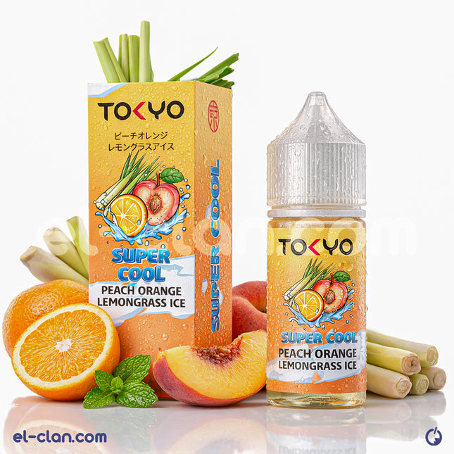 Tokyo SaltNic Super Cool Peach Orange Lemongrass Ice vape liquid in a clear bottle, with vibrant peach, orange, and lemongrass flavor notes.