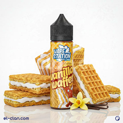 زجاجة فيب فانيلا ويفر من Vape Station E-Juice، ليكويد محلي بنكهة فانيلا ويفر بشكل واضح على العبوة