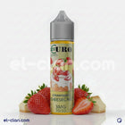 Euro Strawberry Cheesecake vape liquid in a bottle, featuring a colorful label with strawberry and cheesecake images.