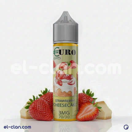 Euro Strawberry Cheesecake vape liquid in a bottle, featuring a colorful label with strawberry and cheesecake images.