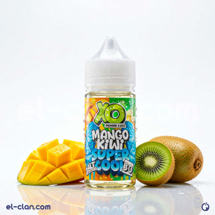 XO E-Liquid Mango Kiwi SaltNic vape juice in a clear bottle, featuring fresh mango and kiwi flavor for SaltNic vaping.