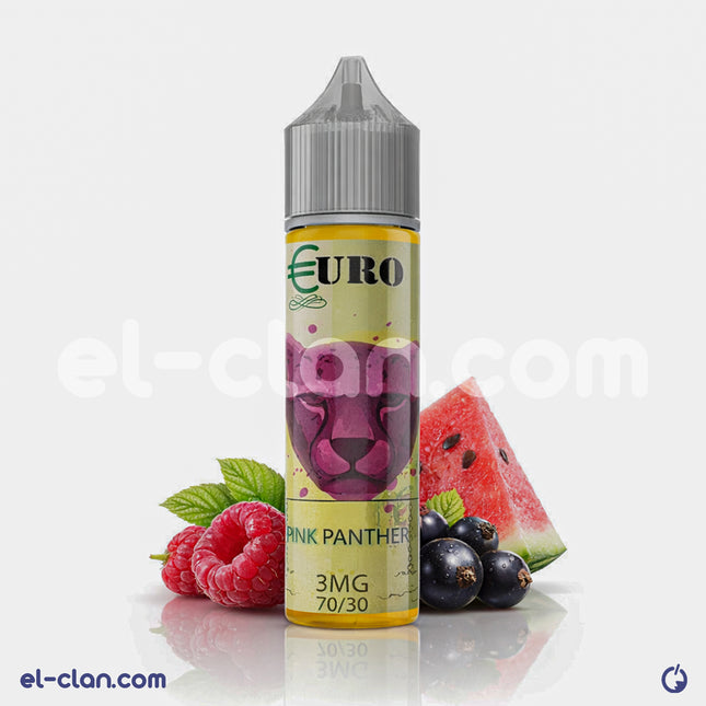 Euro E-Juice Pink Panther flavored vaping liquid in a clear bottle, with vibrant pink branding and a pink panther logo.