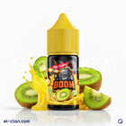 زجاجة فيب ليكويد مانجو وكيوي من Boom E-Juice، نكهة فاكهة منعشة وملونة مع عبوة واضحة في الصورة