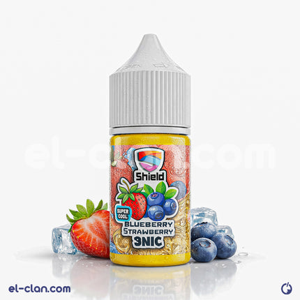 سائل فيب من Shield e-juice بنكهة توت فراولة وبلوبيري باردة، عبوة زجاجية مع شعار المنتج، مناسب للتدخين الإلكتروني.