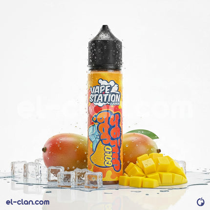 Vape Station Gold Mango in vape device, featuring local Vape Station E-Juice flavor with a vibrant mango aroma and golden packaging