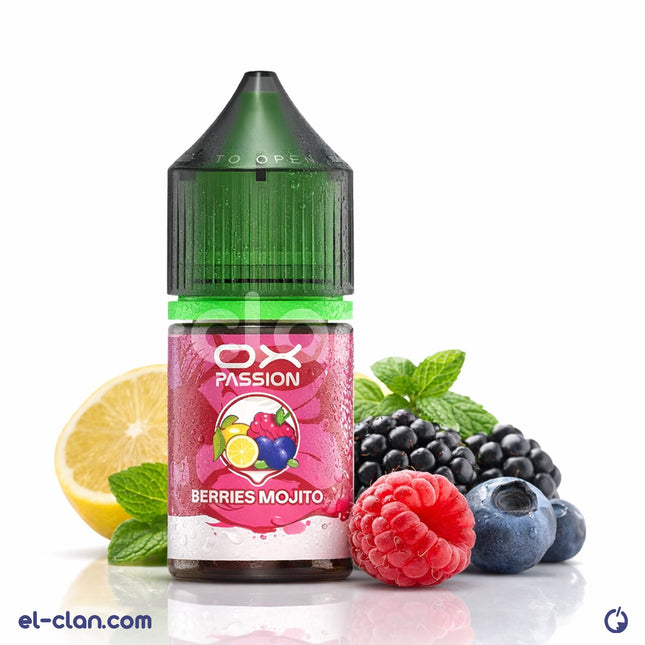 فيب ليكويد أكسفا باتشن سولتنيك بطعم توت وليمون، مستورد من علامة أكسفا، يظهر في الصورة زجاجة سائلة ملونة.