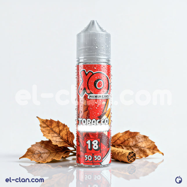 Bottle of XO Tobacco Red vape e-liquid with red label, featuring Arabic and English text, on a white background.