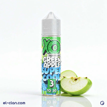 XO E-Liquid Super Cool Green Apple in a vape liquid bottle, featuring vibrant green apple flavor and cooling effects.