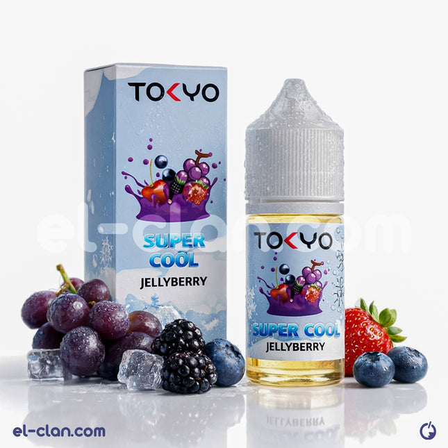 Tokyo SaltNic Super Cool Jellyberry vape juice in a clear bottle, featuring colorful label design and liquid inside.
