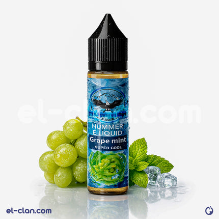 Hummer E-Juice Hummer Super Cool Grape Mint in a local vape liquid bottle with vibrant grape and mint flavor imagery