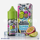 DR.Cool Super Cool SaltNic Guava Passion vape liquid in a bottle, featuring a vibrant label with guava and passion fruit flavors.