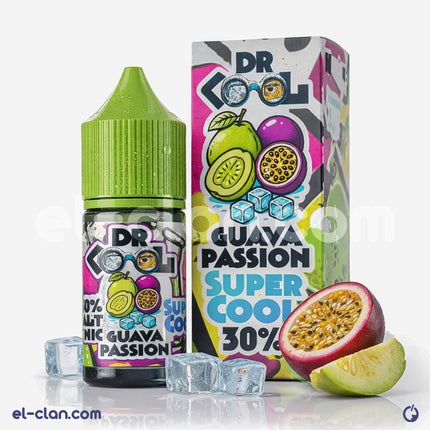DR.Cool Super Cool SaltNic Guava Passion vape liquid in a bottle, featuring a vibrant label with guava and passion fruit flavors.