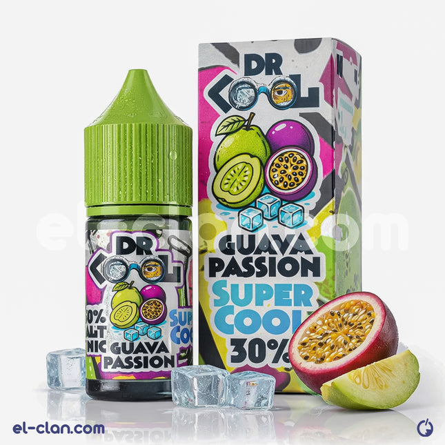 سائل فيب نيكوتين بطعم جوافه باشون فروت من DR.Cool E-Juice، عبوة محلية بجودة عالية وتفاصيل واضحة في الصورة