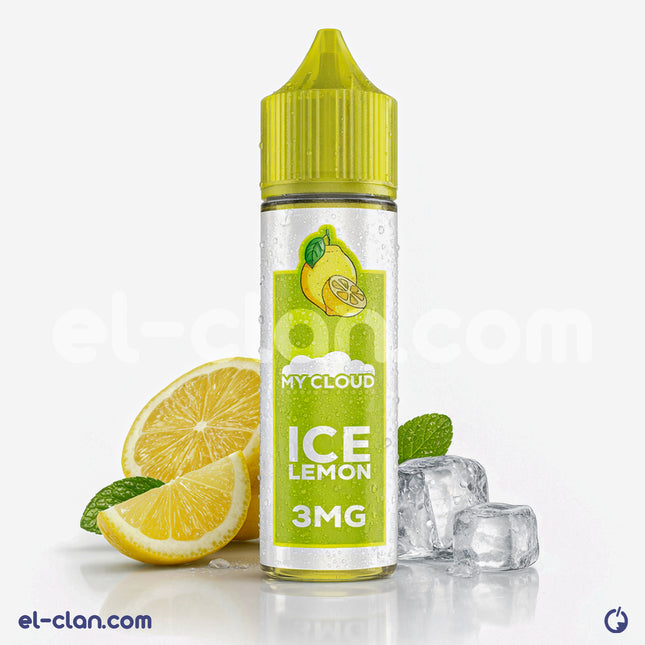 زجاجة فيب ليكويد محلي بطعم ليمون من ماركة My Cloud E-Juice، عطر منعش وأصفر مع شعار على الزجاجة.