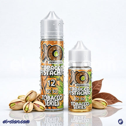 سائل فيب ليكويد نكهة توباكو الفسدق من XO E-Liquid، زجاجة صغيرة مع عبوة التبغ والفستق على خلفية بيضاء