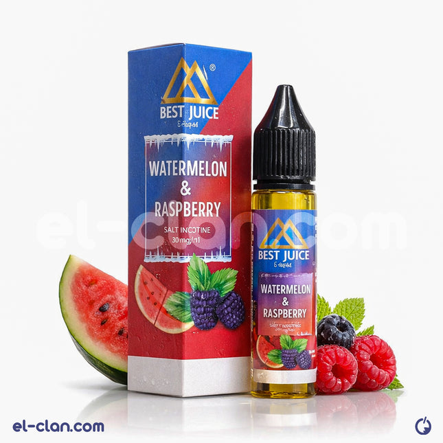 Best SaltNic Iced Watermelon Raspberry فيب ليكويد مستورد, featuring a watermelon and raspberry flavor in a sleek vape bottle.