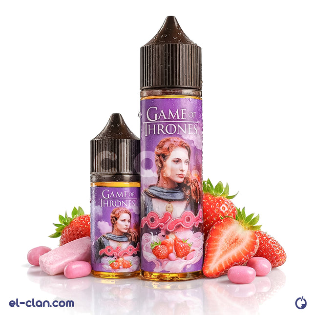 Game Of Thrones لبان فراوله بم بم فيب ليكويد محلي من علامة E-Juice، مع صورة لعبوة فيب بنكهة الفراولة.