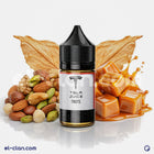 Tsla Juice SaltNic Tnuts Tobacco Nuts flavored vape in a glass bottle, with caramel notes from Tsla E-juice for vaping.