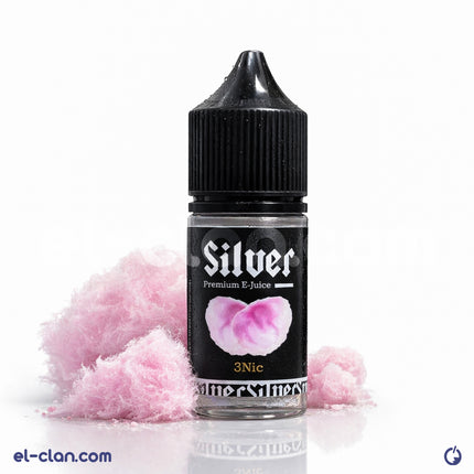 Silver E-Liquid Silver Cotton Candy فيب ليكويد مالح مع طعم حلو ولون فضي، فيب نيكوتين عالي الجودة، مثالي للتدخين الإلكتروني.