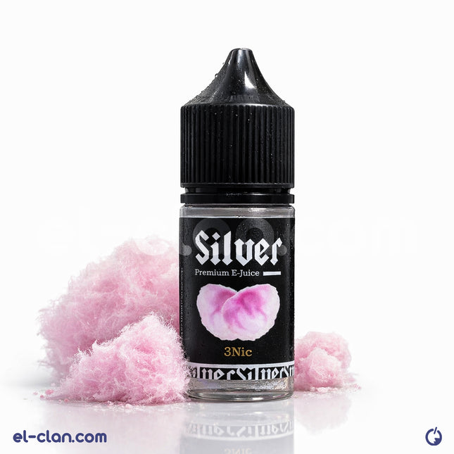 Silver E-Liquid Silver Cotton Candy فيب ليكويد مالح مع طعم حلو ولون فضي، فيب نيكوتين عالي الجودة، مثالي للتدخين الإلكتروني.