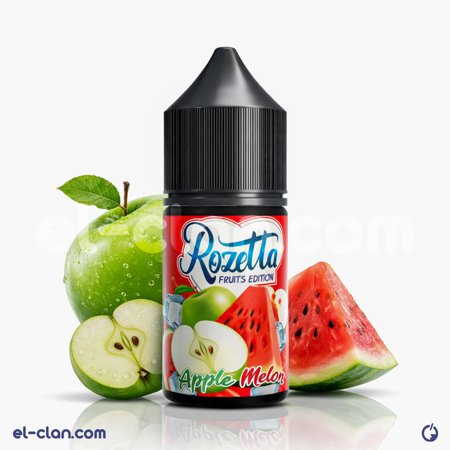 Rozetta Ice Apple Melon flavored e-liquid in a vape bottle, featuring a refreshing blend of apple and melon flavors.