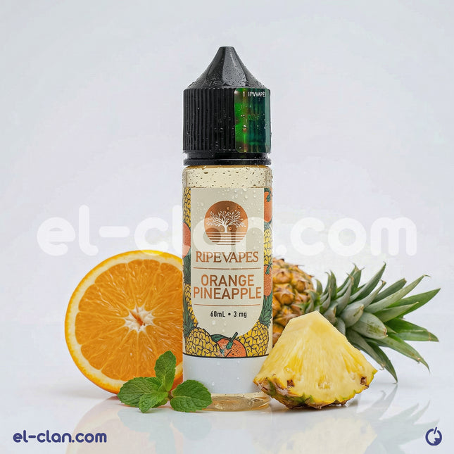 Ripe Vapes Orange Pineapple Freez vape liquid in a bottle, featuring bright orange and pineapple flavor branding.