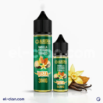 Aurora Vista vanilla custard e-liquid in a clear bottle, featuring a colorful label with the Aurora E-Juice branding.