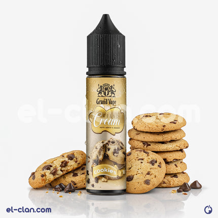Grand Vape Cookies flavored vape juice in a clear bottle, featuring cookies flavor branding and colorful label design.