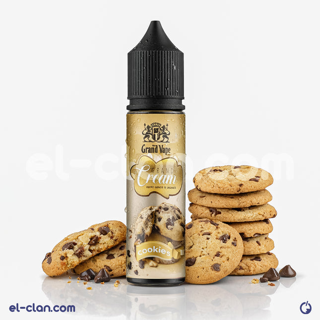 Grand Vape Cookies flavored vape juice in a clear bottle, featuring cookies flavor branding and colorful label design.