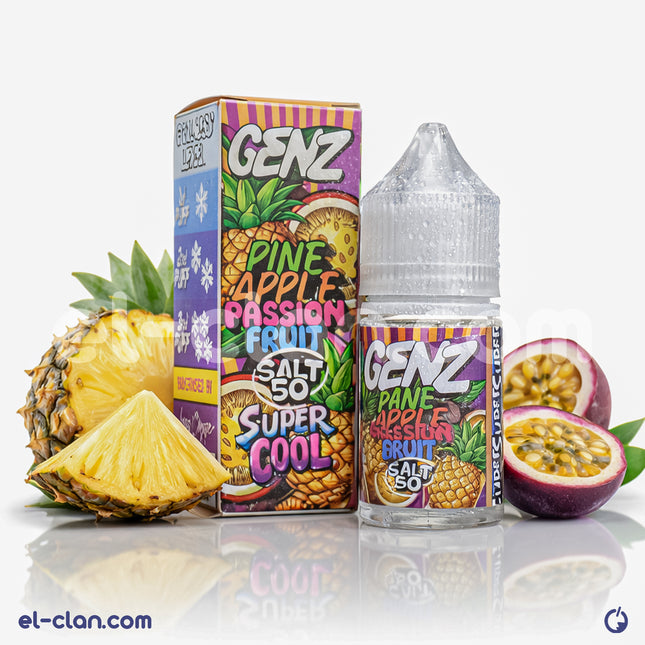 سائل فيب ليكويد بنكهة أناناس باشون فروت من ماركة GENZ E-Juice، عبوة صغيرة مع عبوة زجاجية شفافة.
