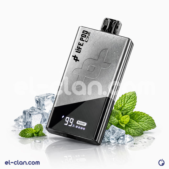 سحبة فيب Life Pod Ice Boost 40k بنكهة النعناع الساقع، عبوة ديسبوسبل، تظهر عبوة مع النعناع الأخضر والعبوة البيضاء