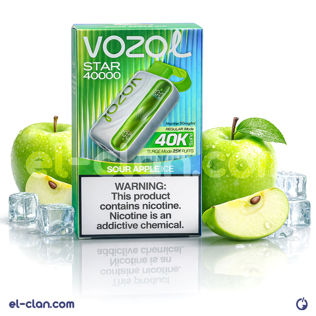 جهاز فيب Vozol Star 40K Sour Apple Ice بسعة 40 ألف سحب بتصميم تفاح ساقع وعبوة ثلاثية لسهولة الاستخدام