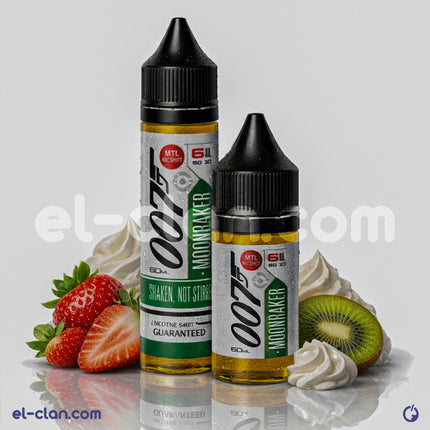OO7 E-Juice Moonraker in 007 flavor with strawberry, kiwi, and cream, featuring three bottles of local vape liquid.