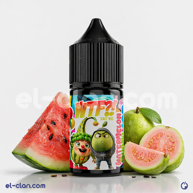 سائل فيب نيكوتين واترمل جوافة آيس من WTF E-Juice بطعم بطيخ وجوافة ساقع، في عبوة ثلاثية الأنسجة.