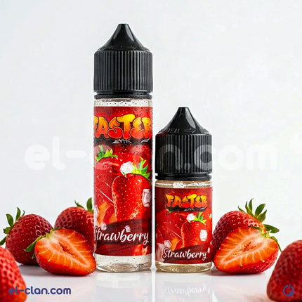 Faster Ice Strawberry فيب ليكويد محلي e-juice in a clear bottle with strawberry and ice flavor, branded Faster E-Juice.