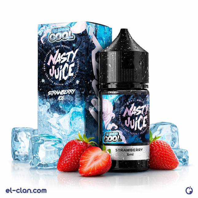 Nasty SaltNic Super Cool Strawberry vape juice in a clear bottle with label, featuring fresh strawberries and menthol cooling elements.