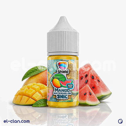 سائل فيب مانجو وبطيخ من Shield e-juice، عبوة ليكويد محلي بطعم منعش وساقع جدًا، لون زجاجة واضح في الصورة