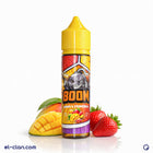 Boom Mango & Strawberry Ice in a vape liquid bottle, featuring fresh mango and strawberry flavors with a cooling menthol effect.