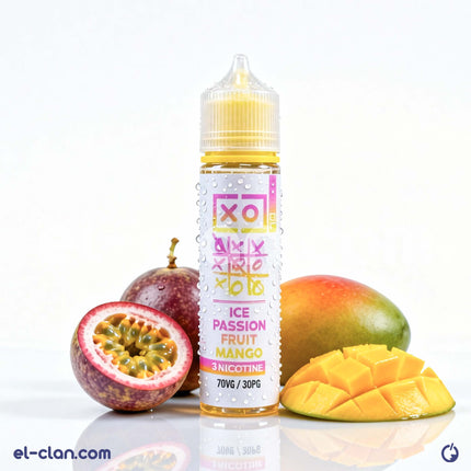 سائل فيب نكهة مانجو وعصير الفاكهة الاستوائية من XO E-Liquid، يظهر عبوة سائلة محلية لنكهات الفواكه المثلجة