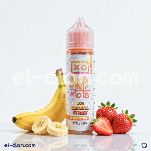 XO E-Liquid Banana Strawberry Ice Vape Liquid in a bottle, featuring vibrant fruit flavors and a cooling menthol touch.